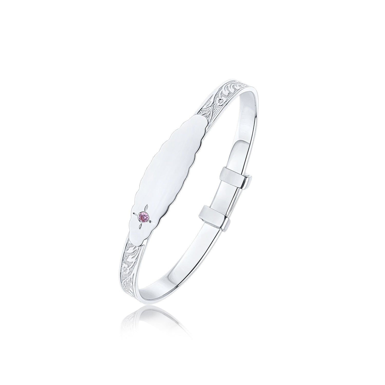 Sterling Silver Solid Engraved Floral Pattern Baby Bangle with Pink Cubic Zirconia CZ