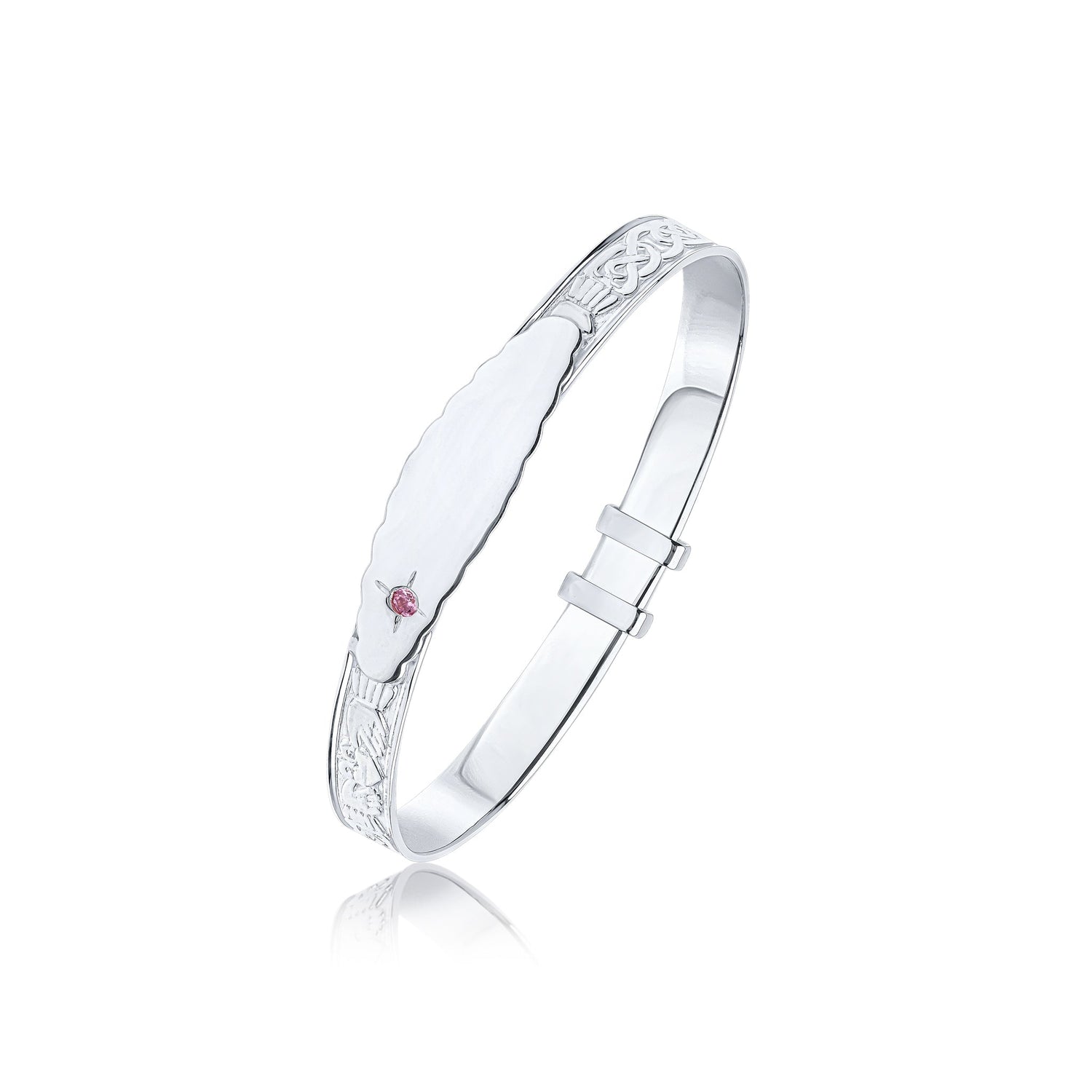 Sterling Silver 4mm Claddagh Ring Baby Bangle with ID Engraving Plate & Pink Cubic Zirconia