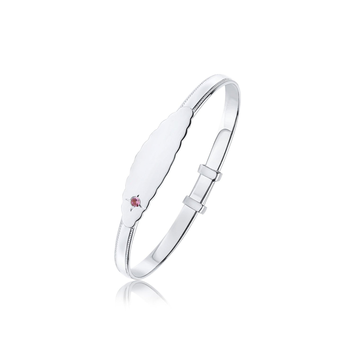 Sterling Silver 4mm Beaded Edge Baby Bangle with ID Engraving Plate & Pink CZ Cubic Zirconia