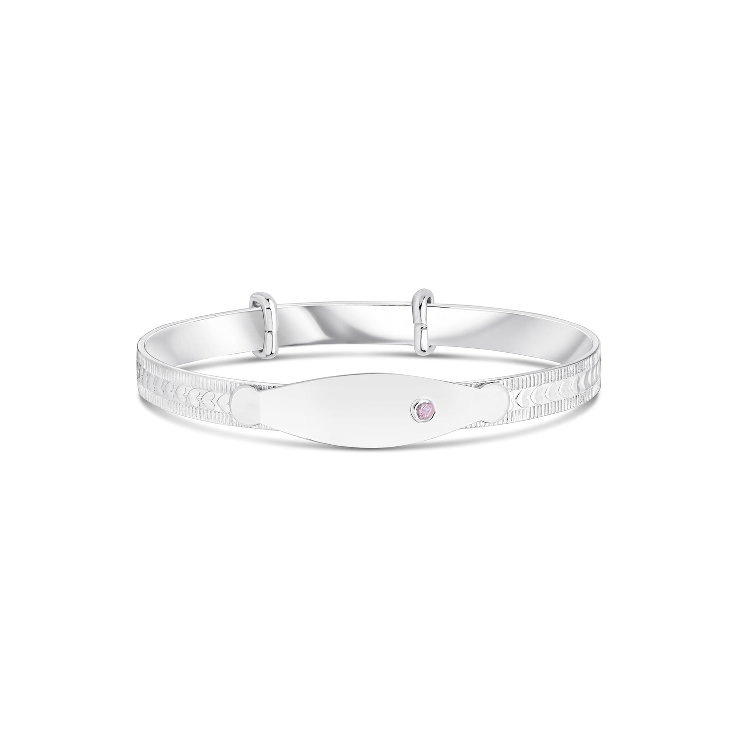 Sterling Silver Solid 4mm Beaded Edge Baby Bangle with ID Engraving Plate and Pink Cubic Zirconia CZ