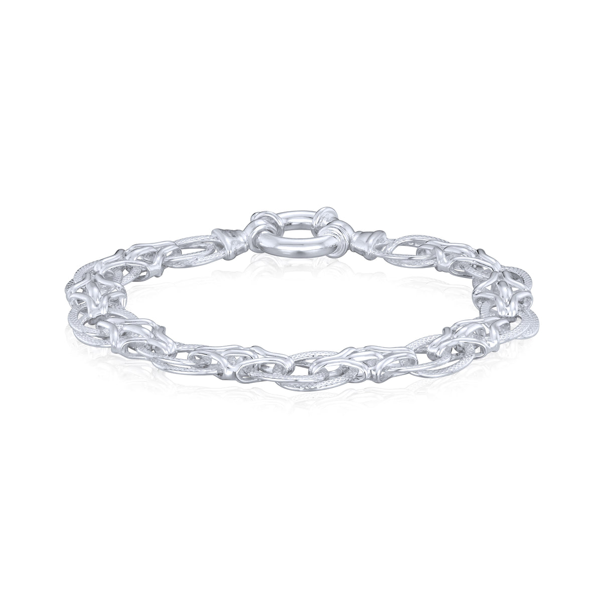 Sterling Silver Handmade Solid 10mm Double Oval Textured Bracelet with Bolt Ring Clasp