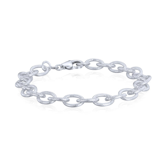 Sterling Silver Handmade Solid 7.5mm Textured Curb Chain Bracelet