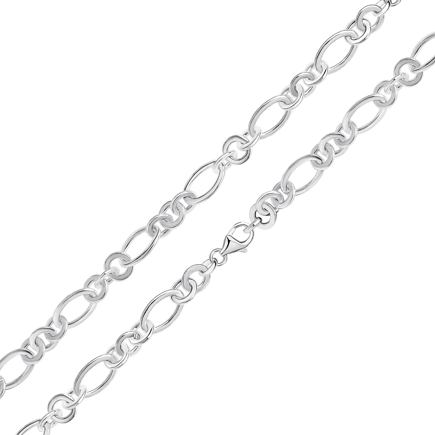 Sterling Silver Handmade Flat Oval and Round Figaro Bracelet