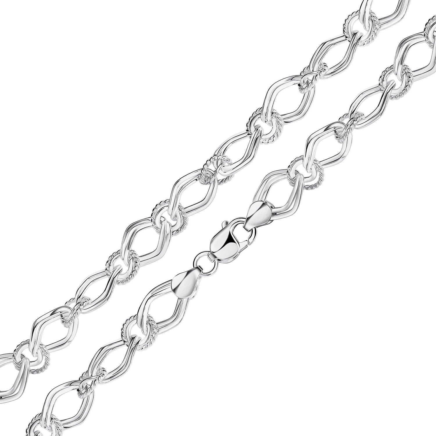 Silver Handmade Double Diamond and Textured Round Link Chain Bracelet — 7.5"