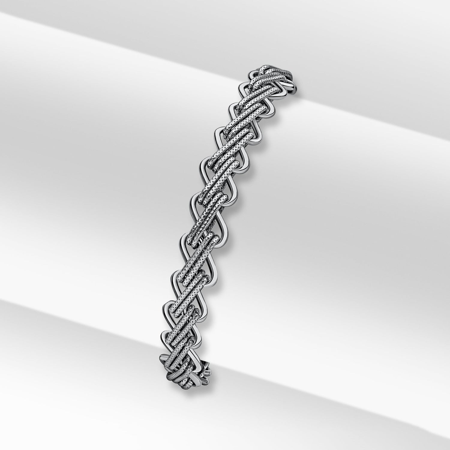 Silver Handmade Textured Herringbone Style Chain Bracelet — 7.5"