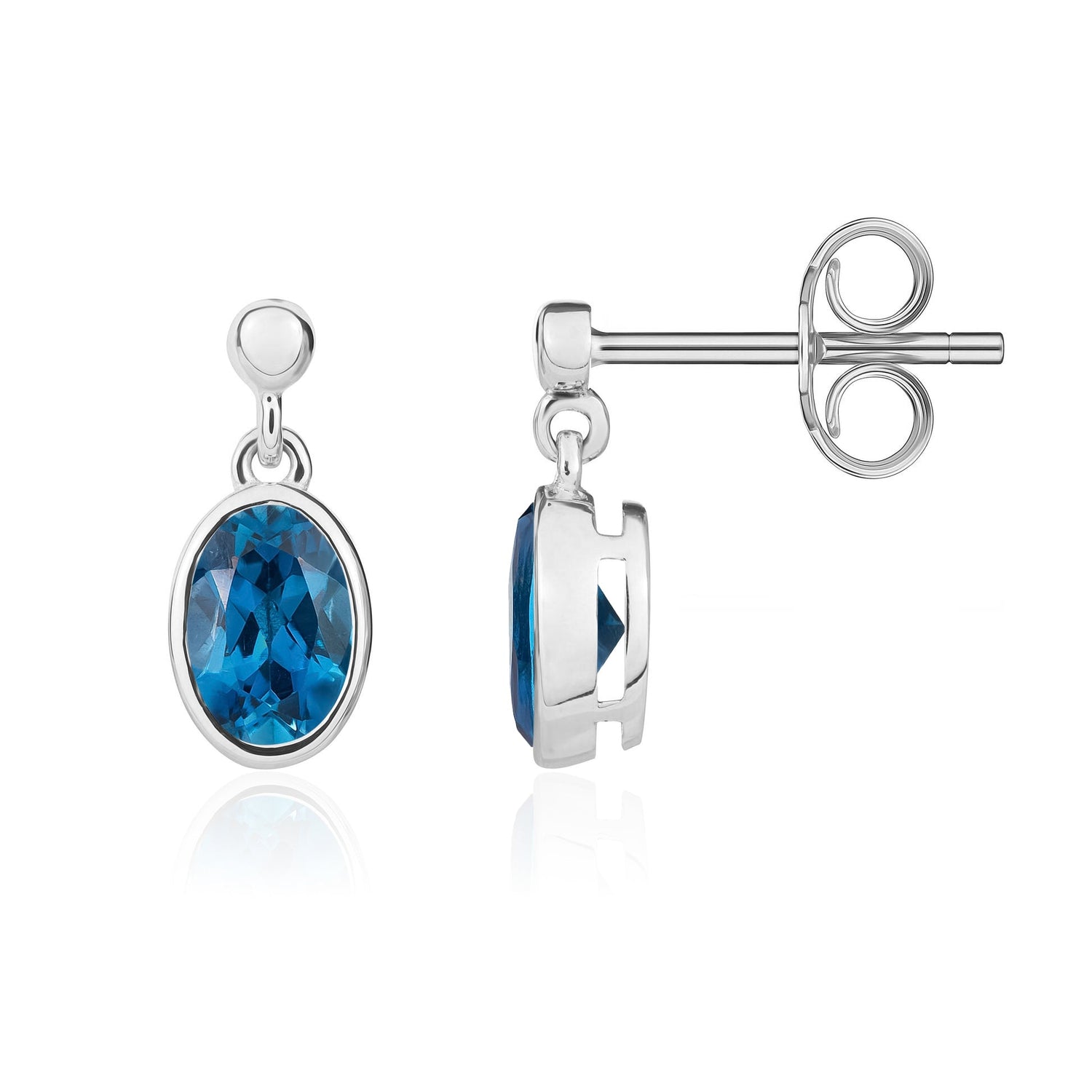 9ct White Gold Oval Natural London Blue Topaz Rubover Drop Earrings with Bead Tops — 6x4mm
