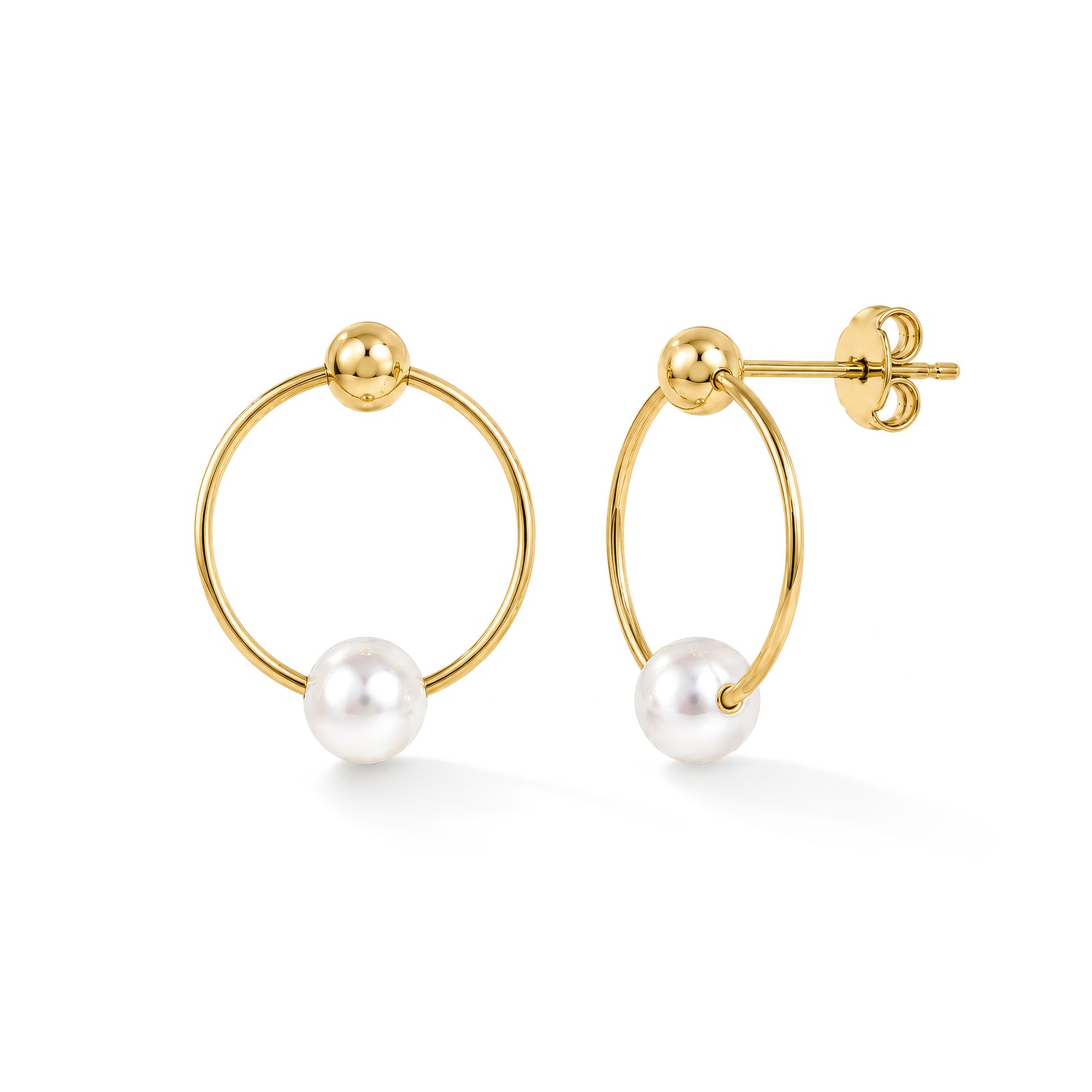9ct Yellow Gold Ball and Natural Freshwater Pearl on Circle Drop Earrings 21x16mm