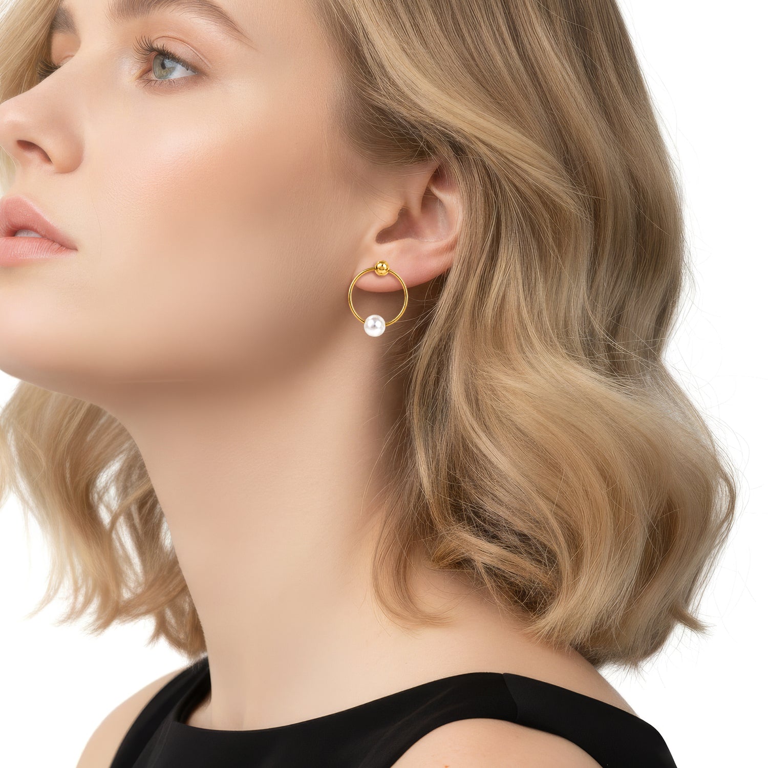9ct Yellow Gold Ball and Natural Freshwater Pearl on Circle Drop Earrings 21x16mm