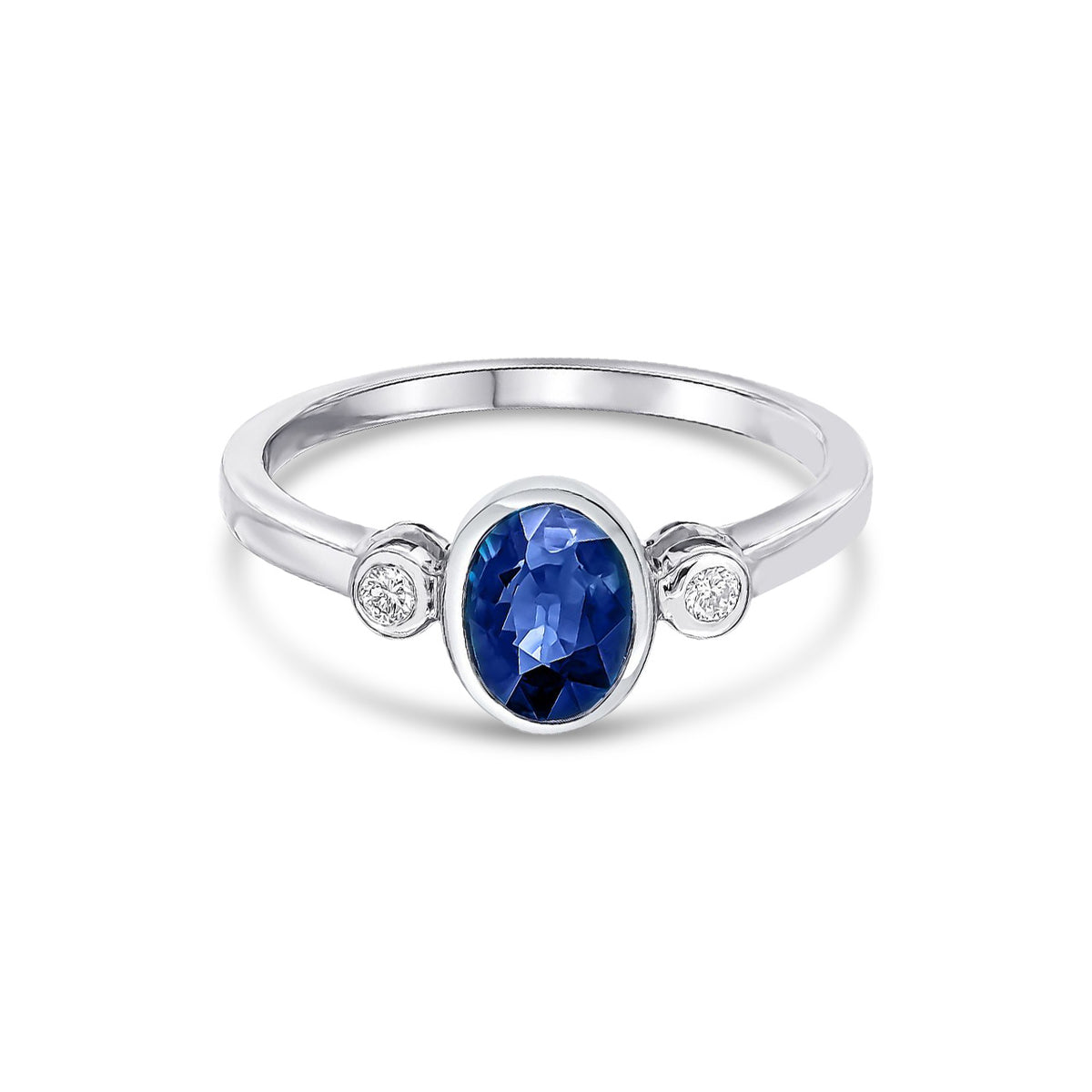 9ct White Gold Oval Natural Sapphire and Diamond Three Stone Rubover Ring — 7x5mm