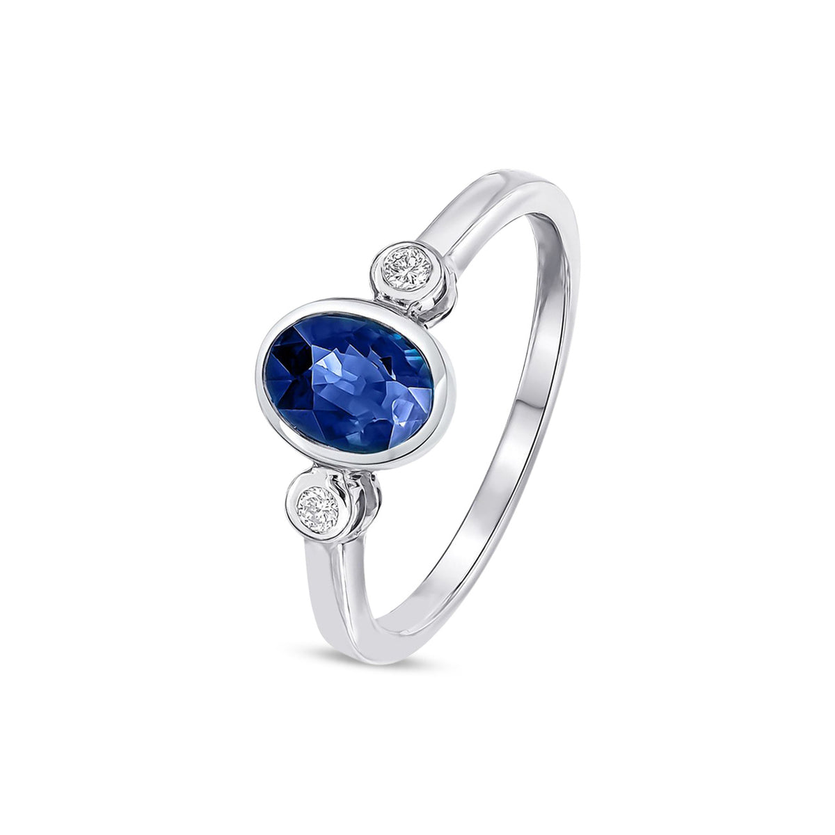 9ct White Gold Oval Natural Sapphire and Diamond Three Stone Rubover Ring — 7x5mm
