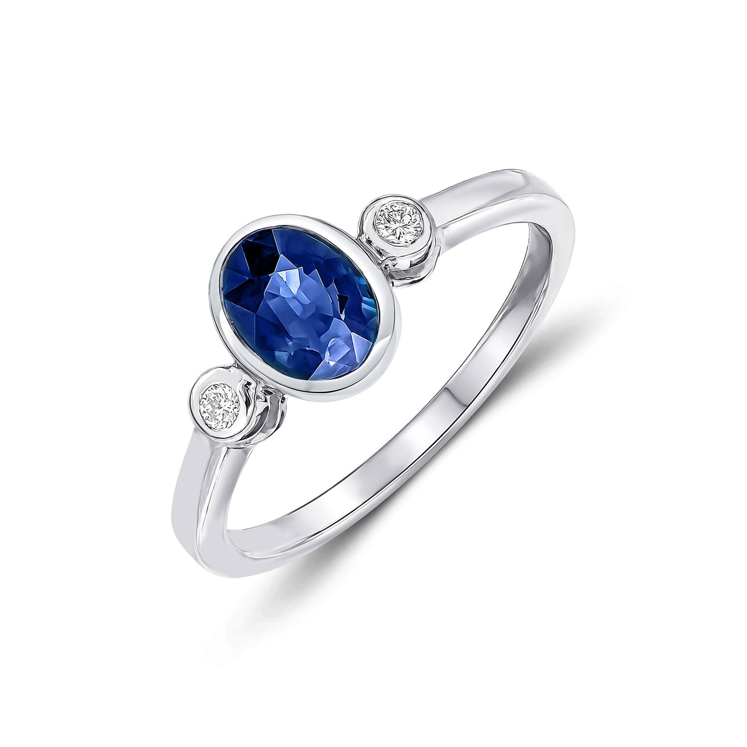 9ct White Gold Oval Sapphire and Diamond Three Stone Rubover Ring — 7x5mm