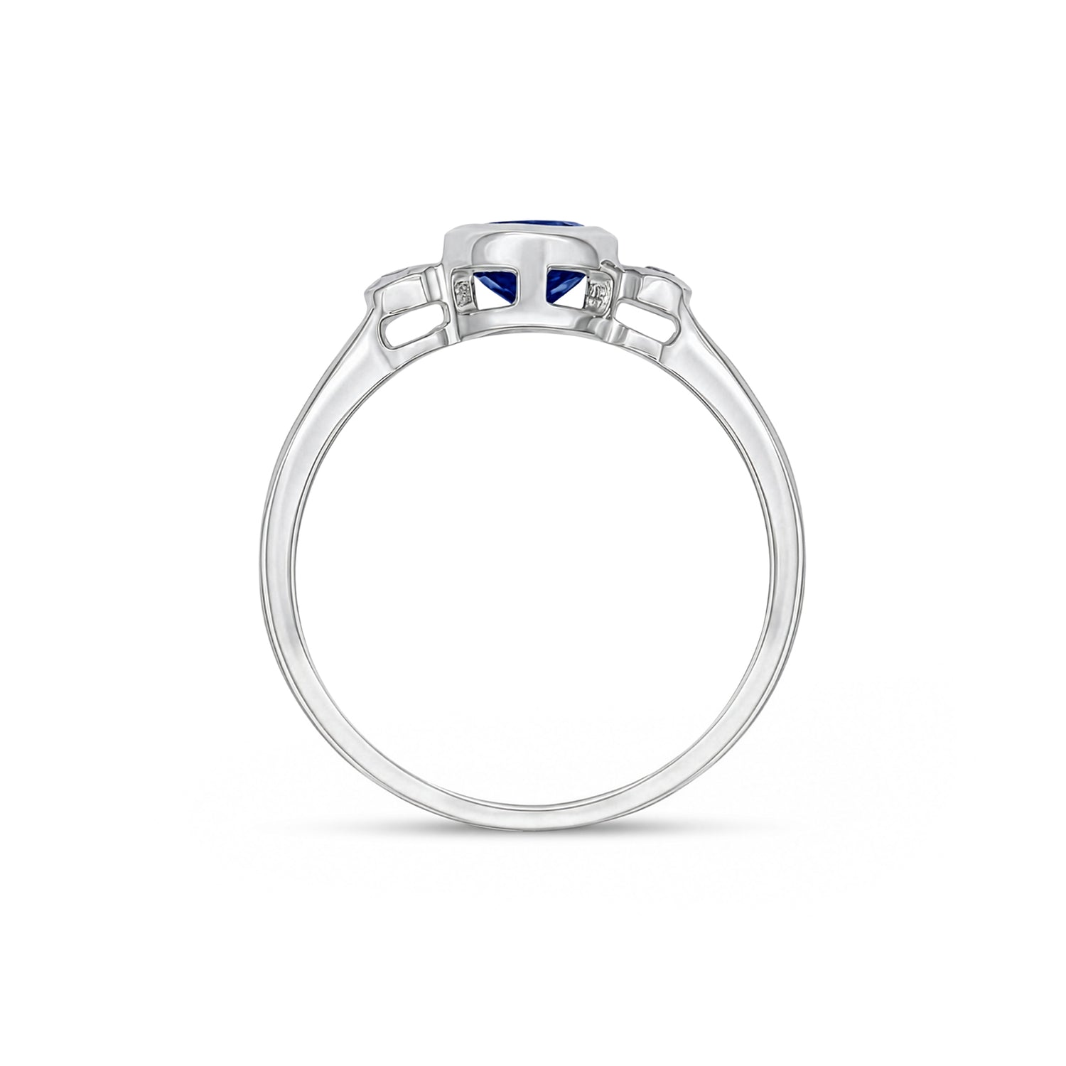 9ct White Gold Oval Natural Sapphire and Diamond Three Stone Rubover Ring — 7x5mm