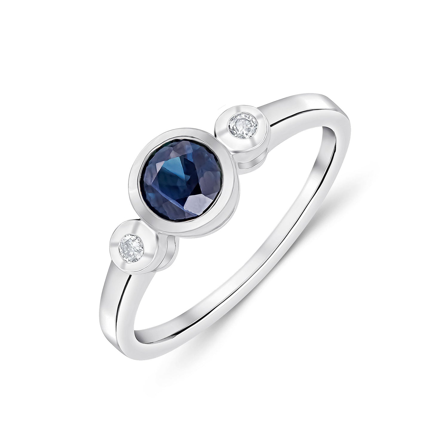 9ct White Gold Round Sapphire and Diamond Three Stone Ring — 5mm