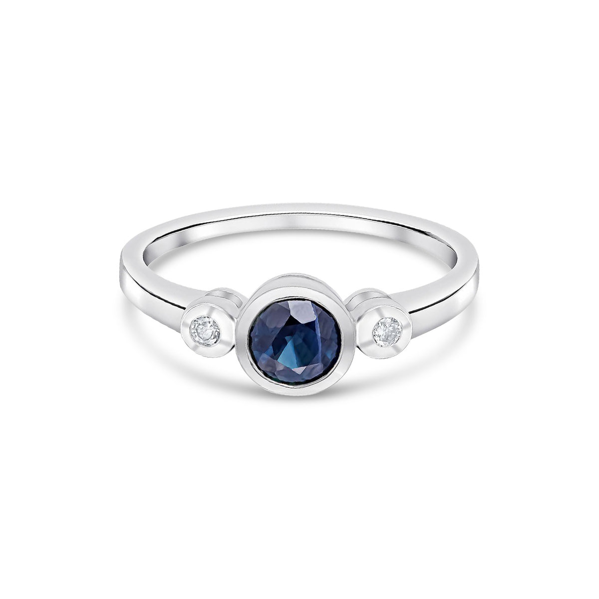 9ct White Gold Round Natural Sapphire and Diamond Three Stone Ring — 5mm