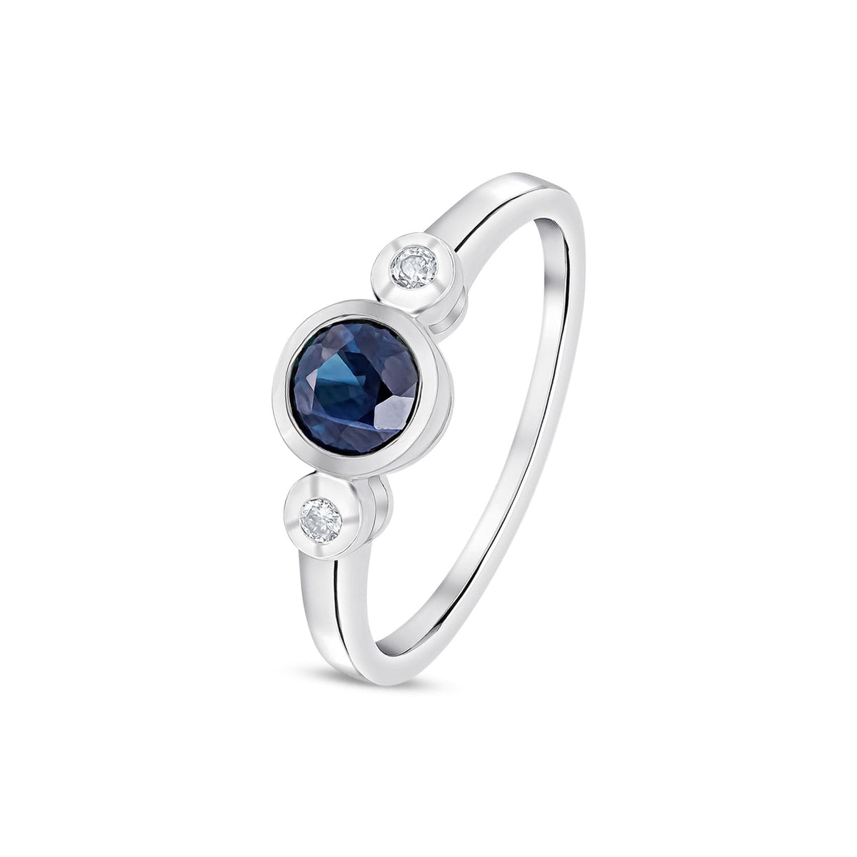 9ct White Gold Round Natural Sapphire and Diamond Three Stone Ring — 5mm