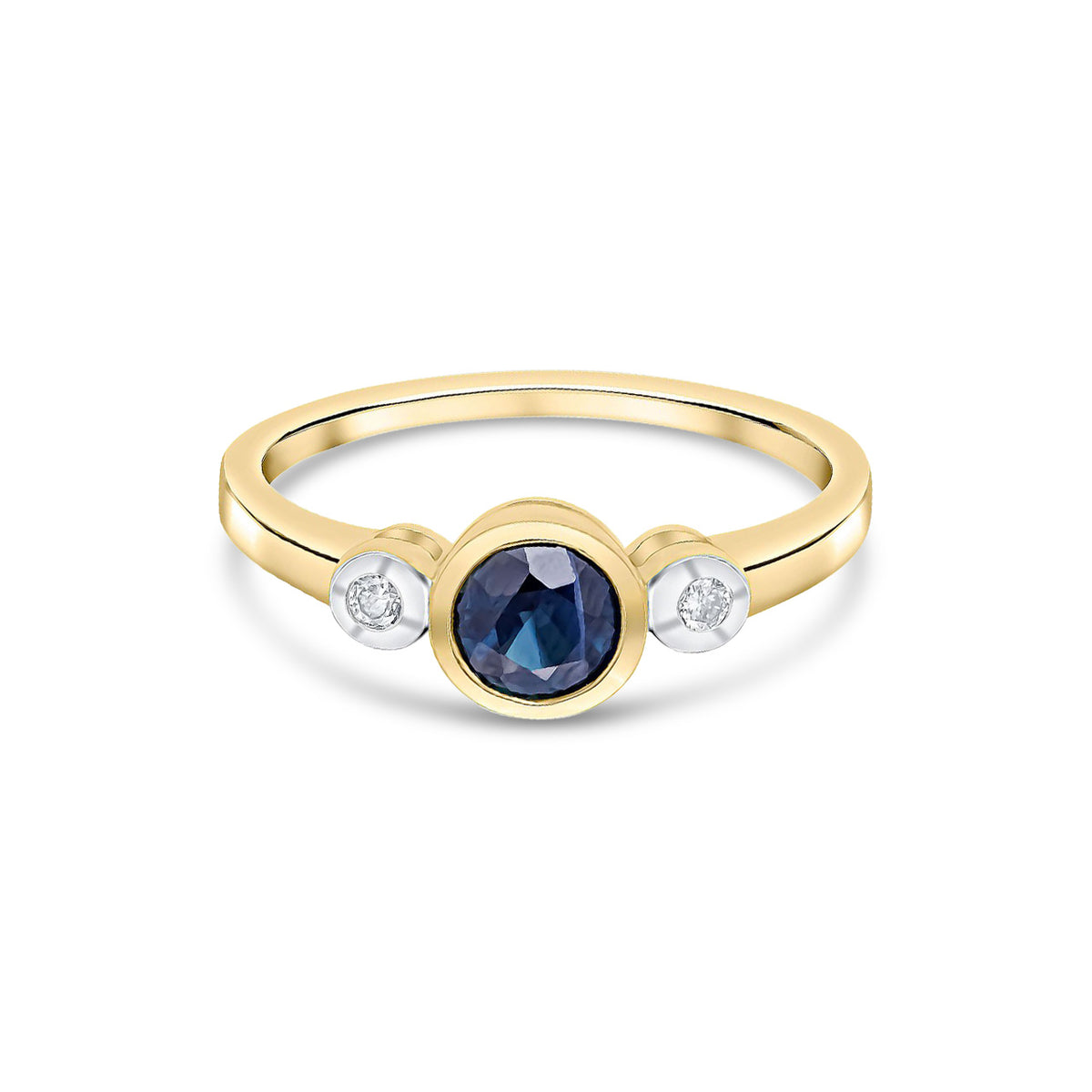 9ct Yellow Gold Round Natural Sapphire and Diamond Three Stone Ring — 5mm