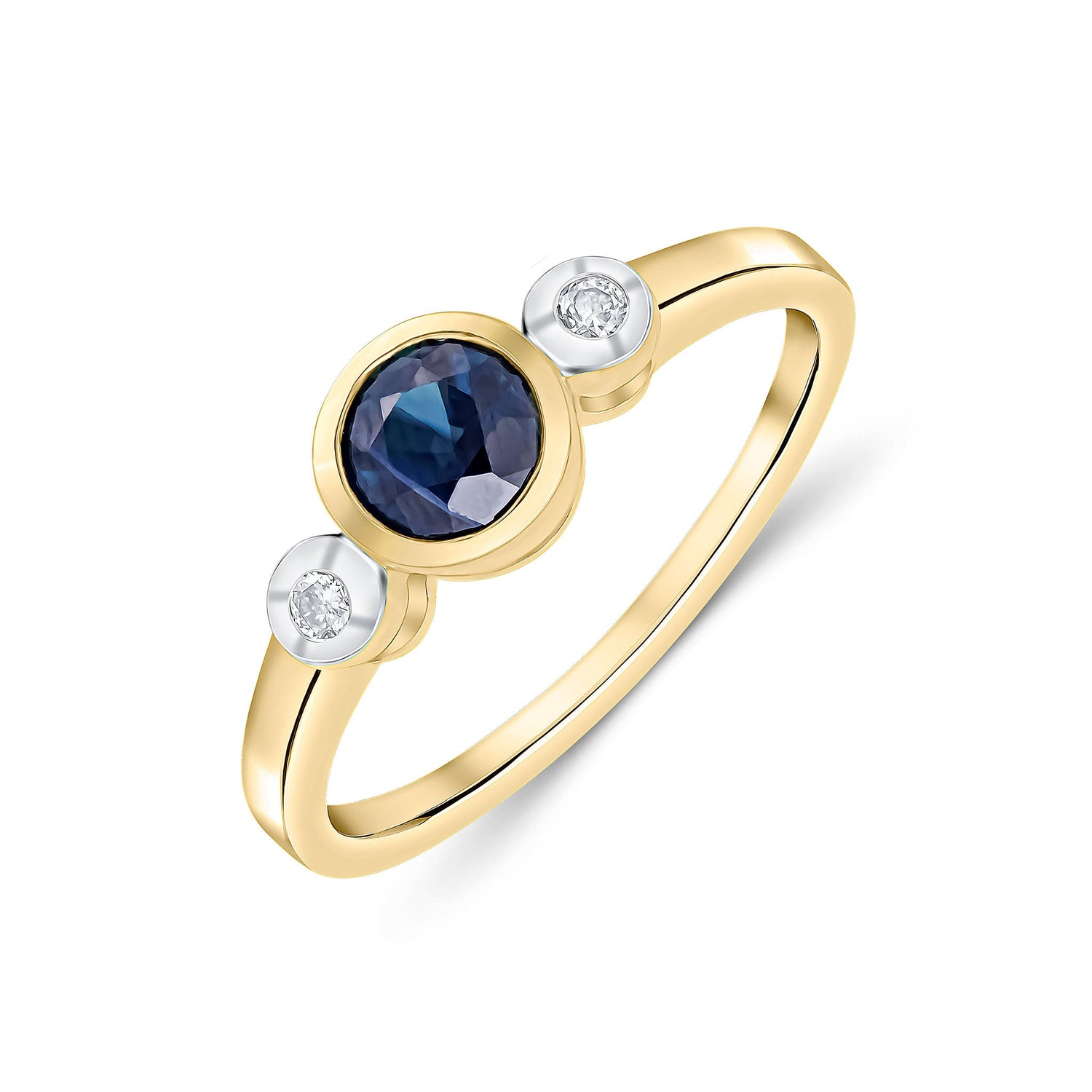 9ct Yellow Gold Round Sapphire and Diamond Three Stone Ring — 5mm