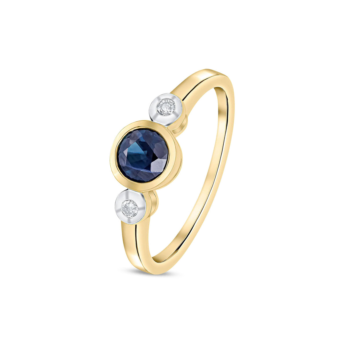 9ct Yellow Gold Round Natural Sapphire and Diamond Three Stone Ring — 5mm