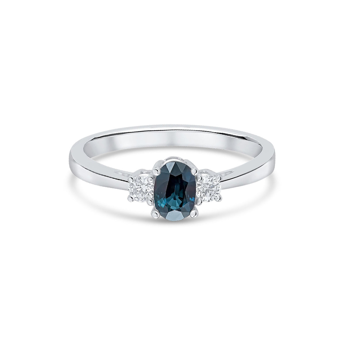 9ct White Gold Oval Natural Sapphire and Diamond Claw Three Stone Ring — 6x4mm