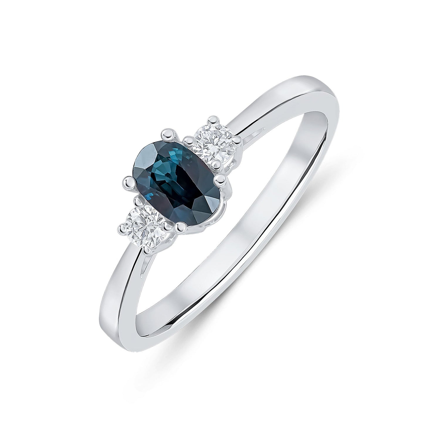 9ct White Gold Oval Sapphire and Diamond Claw Three Stone Ring — 6x4mm