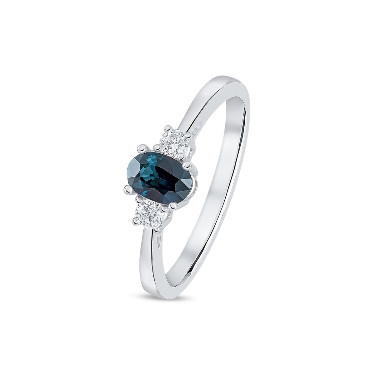9ct White Gold Oval Natural Sapphire and Diamond Claw Three Stone Ring — 6x4mm