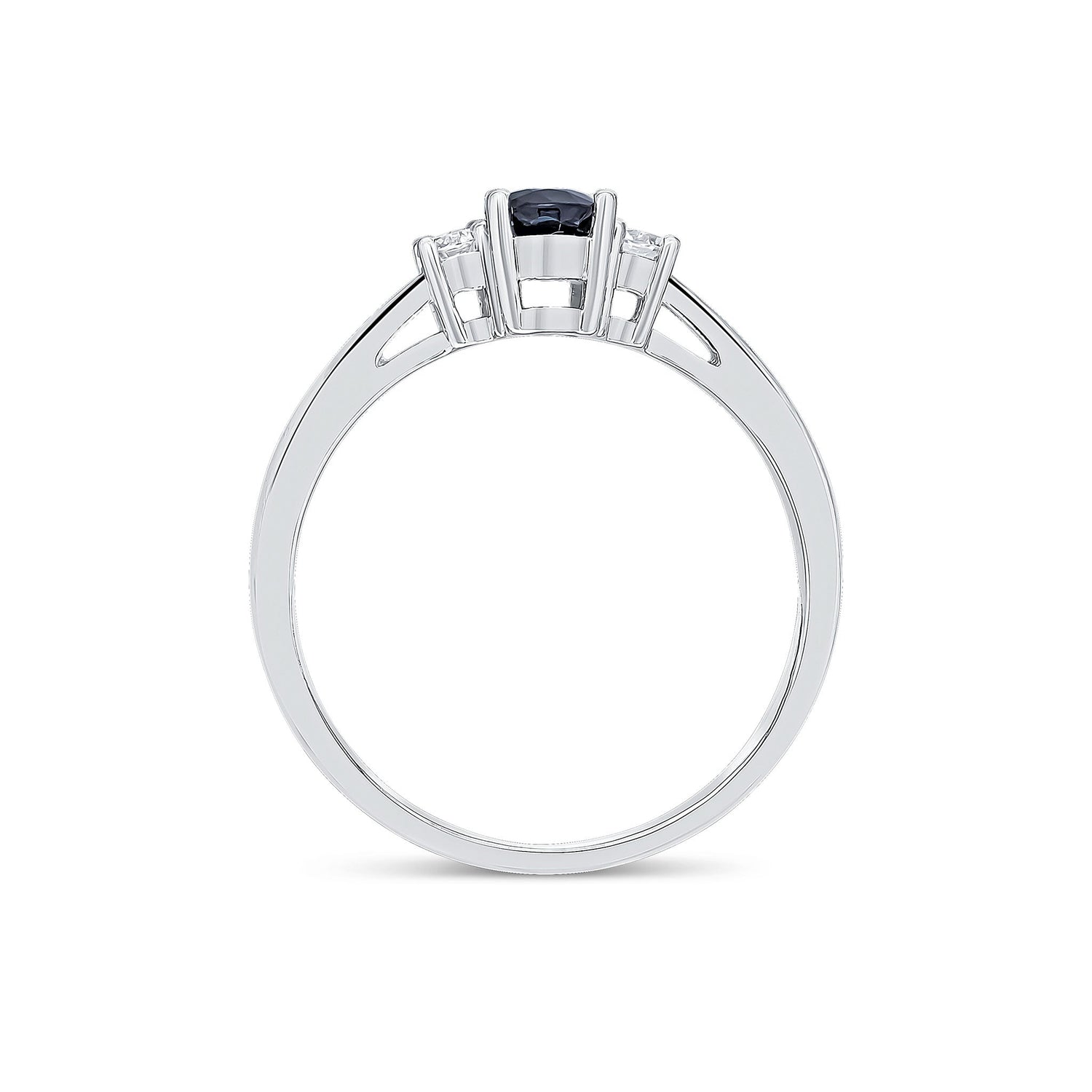 9ct White Gold Oval Sapphire and Diamond Claw Three Stone Ring — 6x4mm