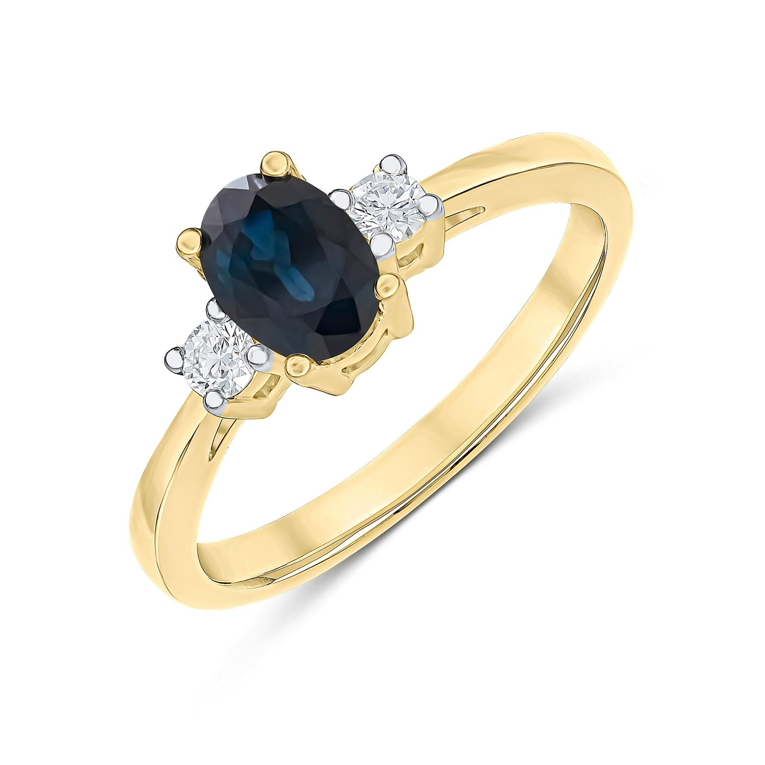 9ct Yellow Gold Oval Natural Sapphire and Round Diamond Claw Set Three Stone Ring — 7x5mm