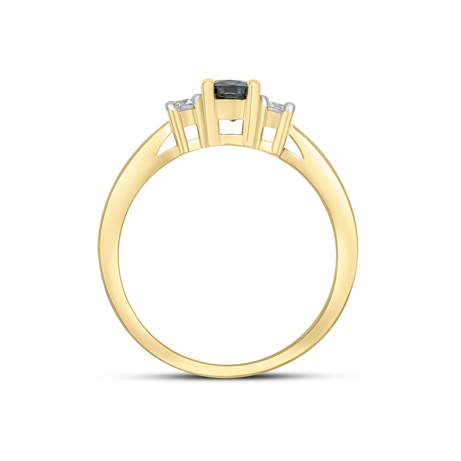 9ct Yellow Gold Oval Natural Sapphire and Round Diamond Claw Set Three Stone Ring — 7x5mm