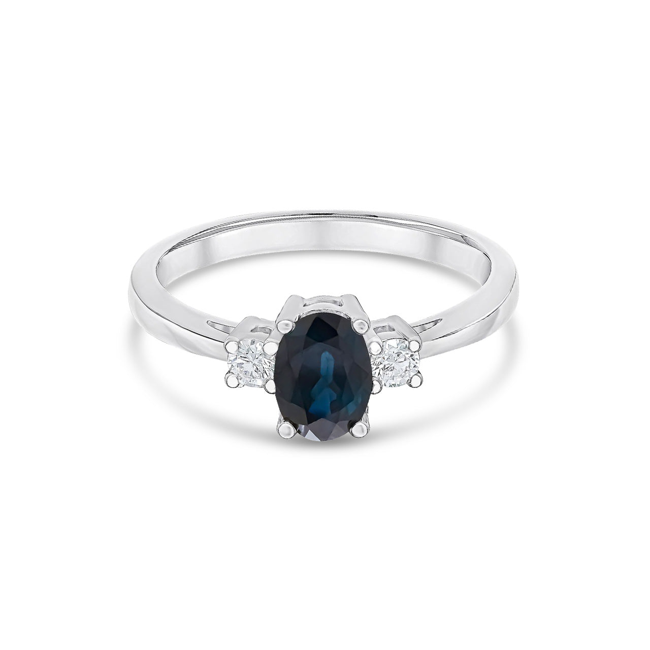 9ct White Gold Oval Natural Sapphire and Round Diamond Claw Set Three Stone Ring