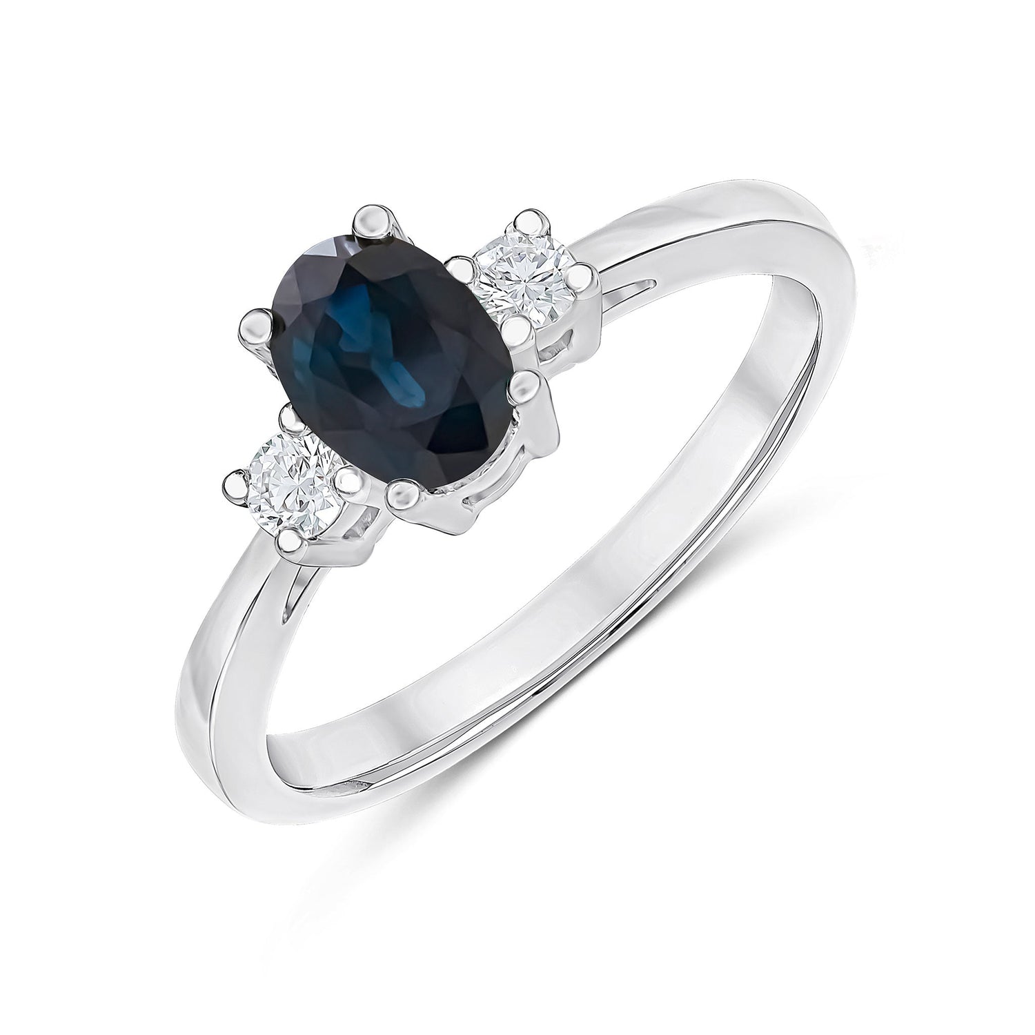 9ct White Gold Oval Natural Sapphire and Round Diamond Claw Set Three Stone Ring — 7x5mm