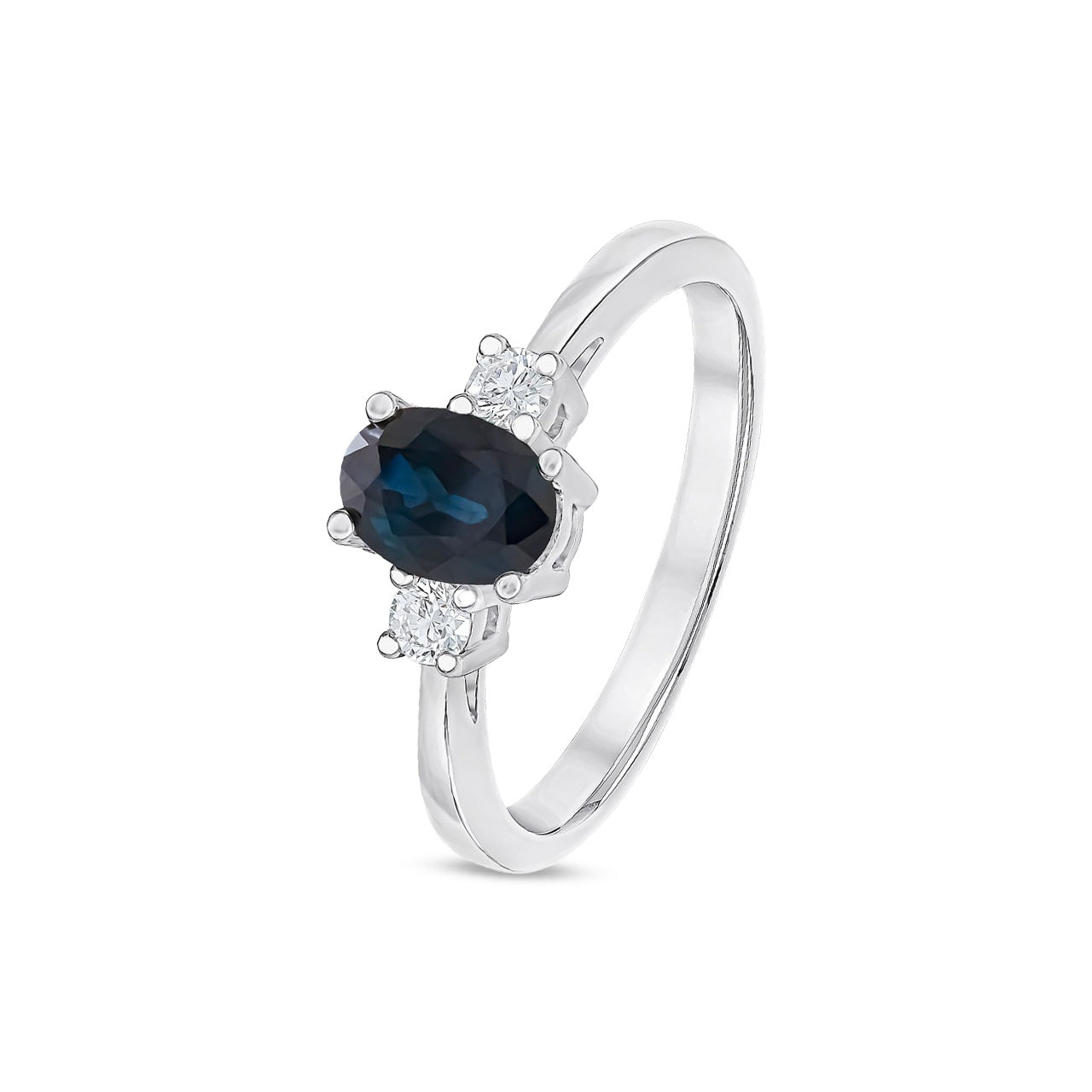 9ct White Gold Oval Natural Sapphire and Round Diamond Claw Set Three Stone Ring