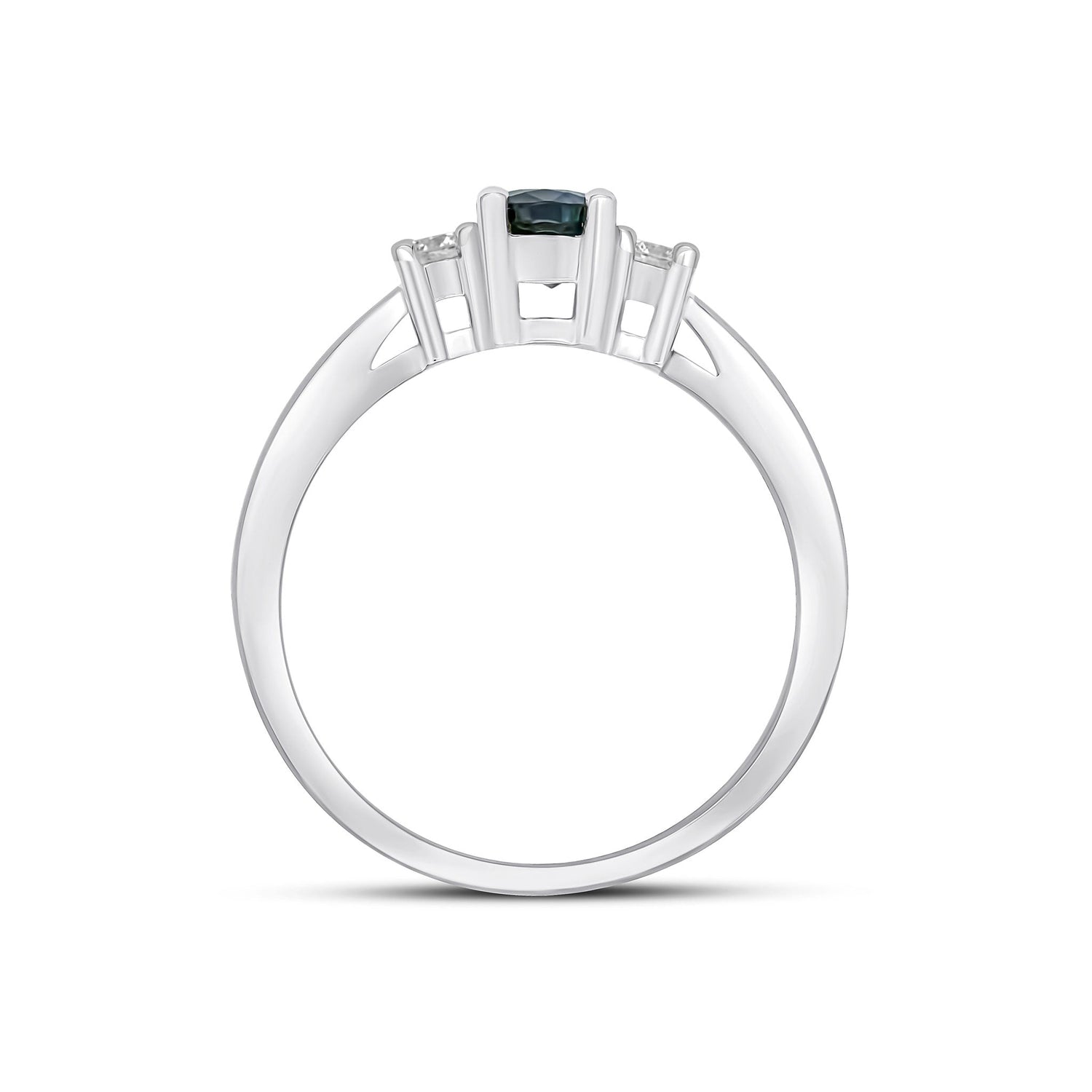 9ct White Gold Oval Natural Sapphire and Round Diamond Claw Set Three Stone Ring — 7x5mm