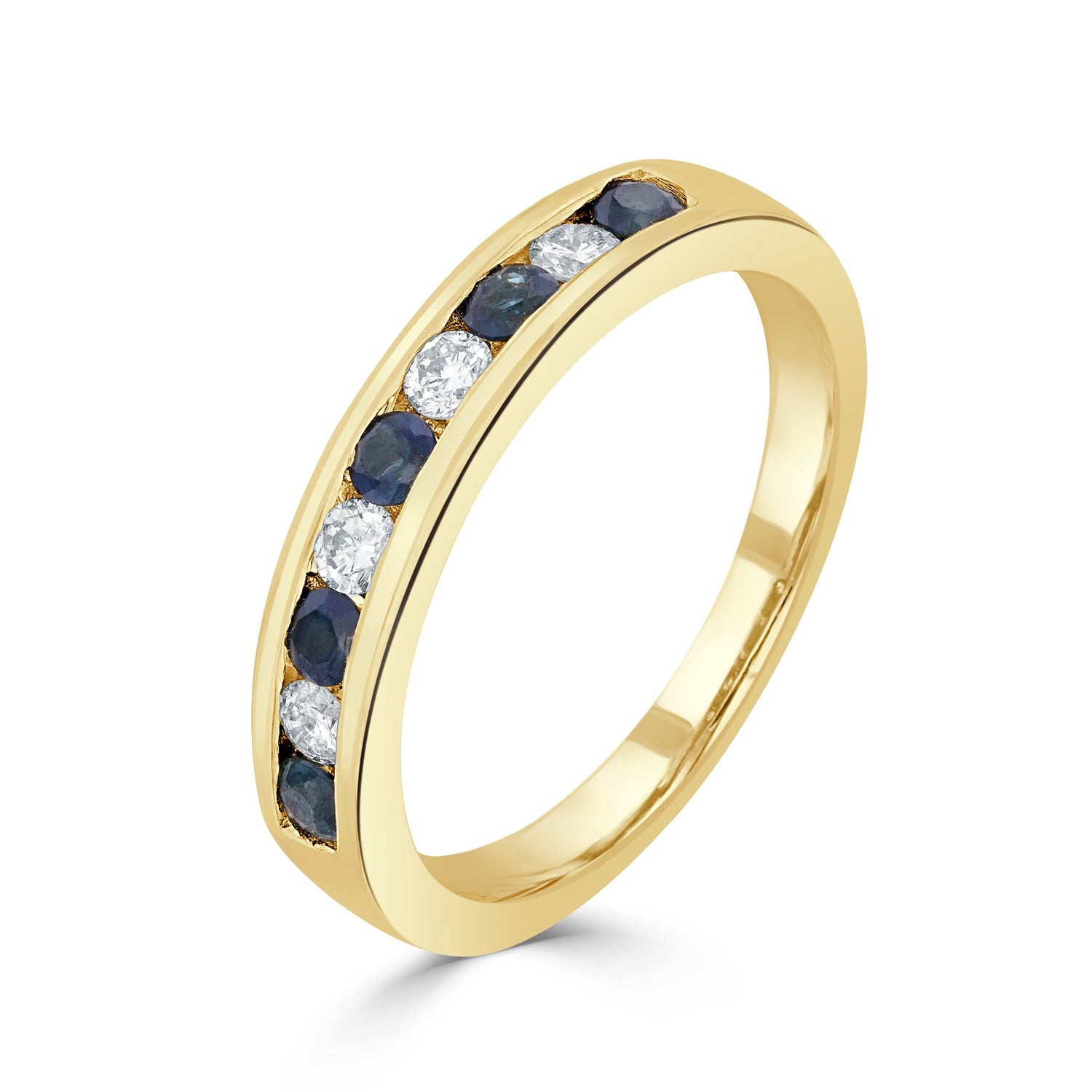 9ct Yellow Gold Round Natural Blue Sapphire and Diamond Nine Stone Half Eternity Ring