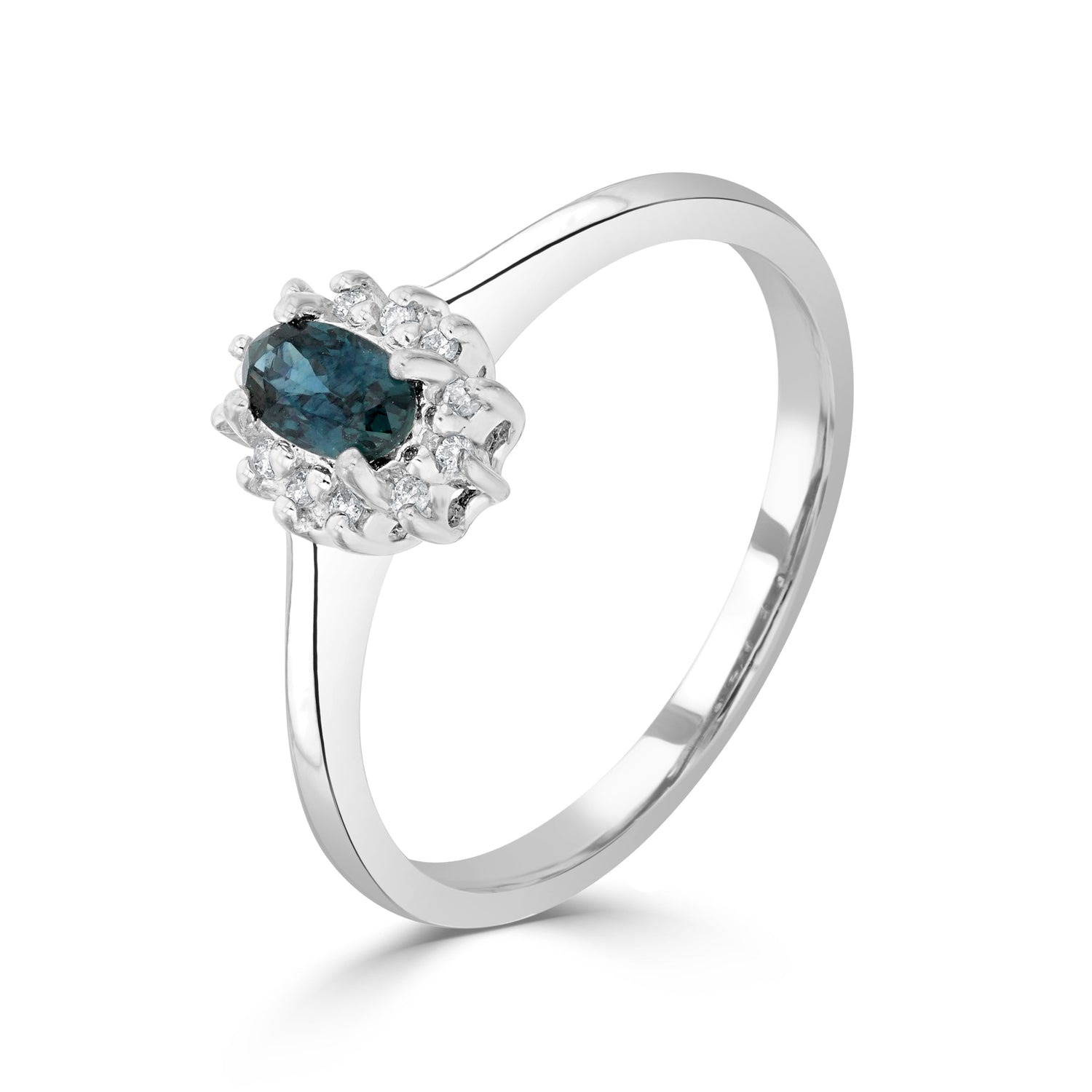 9ct White Gold Oval Natural Blue Sapphire and Diamond Cluster Ring — 5x3mm