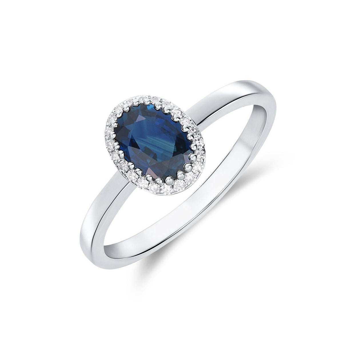 9ct White Gold Oval Natural Blue Sapphire and Diamond Cluster Ring — 7x5mm