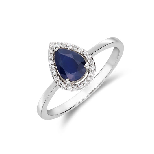 9ct White Gold Pear Shaped Natural Blue Sapphire and Diamond Halo Cluster Ring — 7x5mm