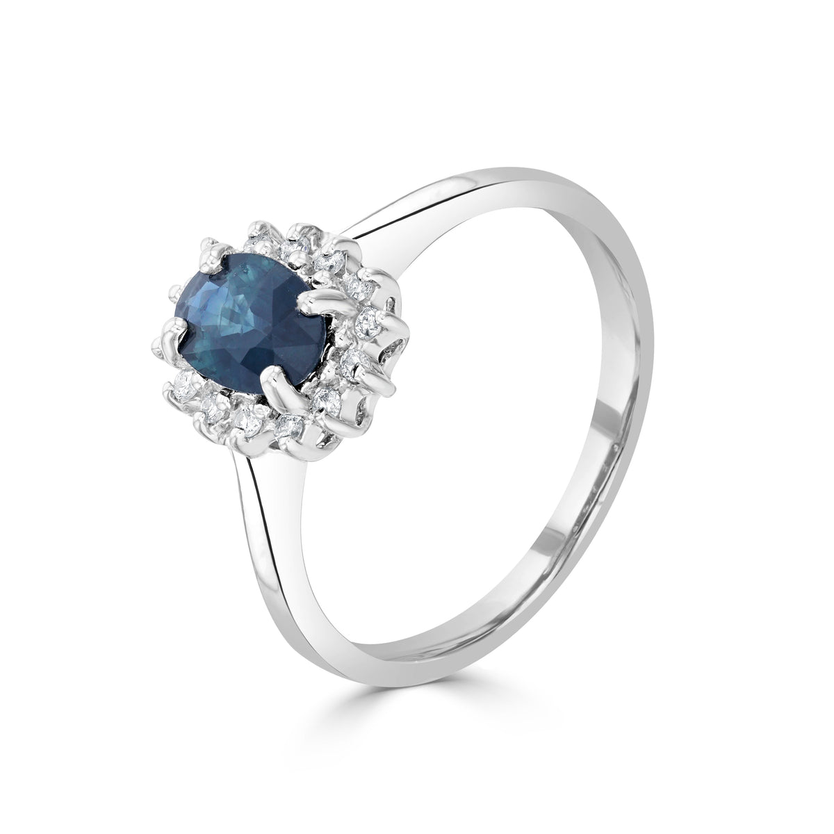 9ct White Gold Oval Natural Blue Sapphire & Natural Diamond Cluster Ring — 7×5mm