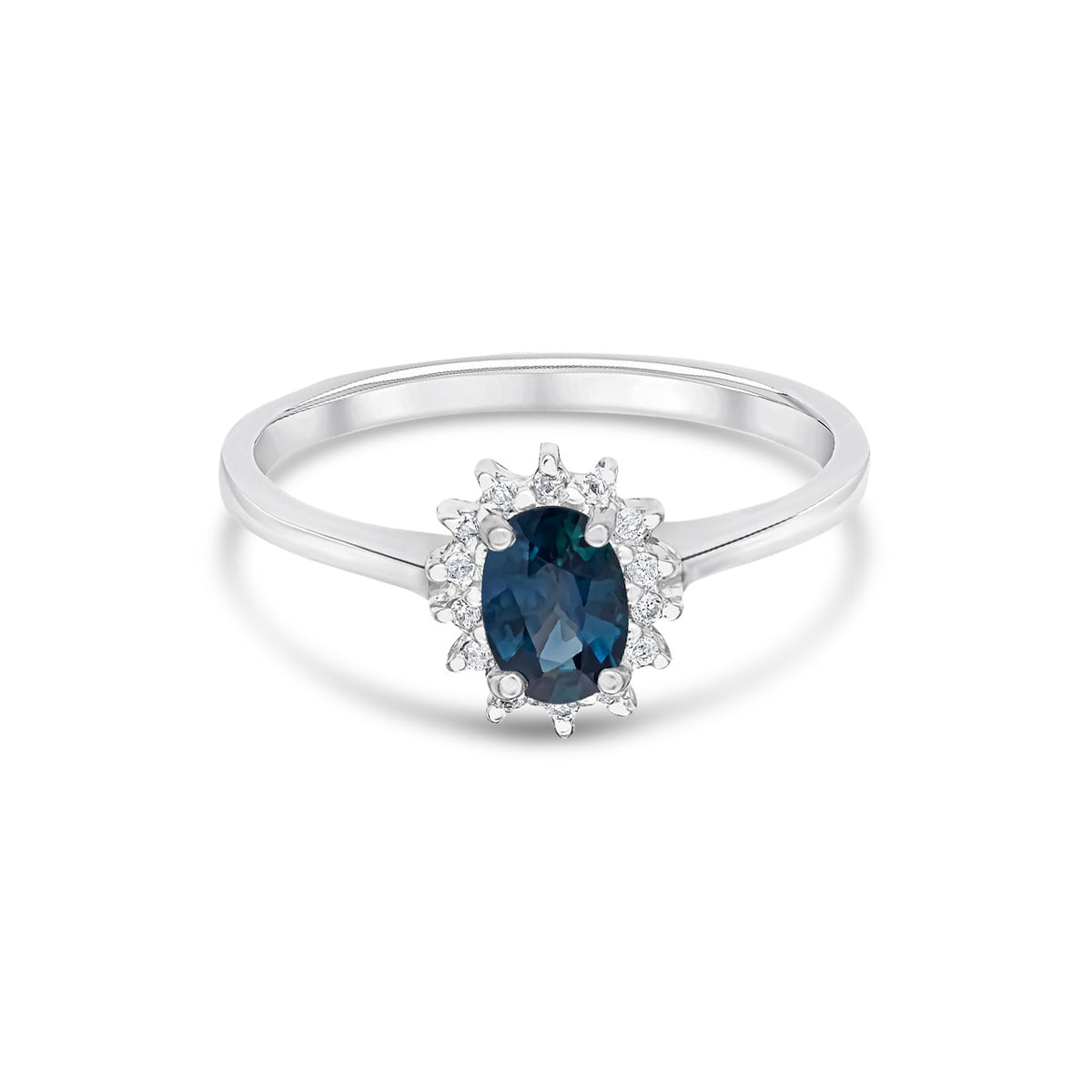 9ct White Gold Oval Natural Blue Sapphire and Diamond Cluster Ring
