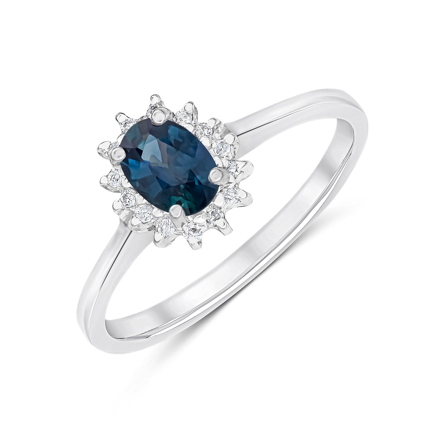 9ct White Gold Oval Natural Blue Sapphire and Diamond Cluster Ring — 6x4mm