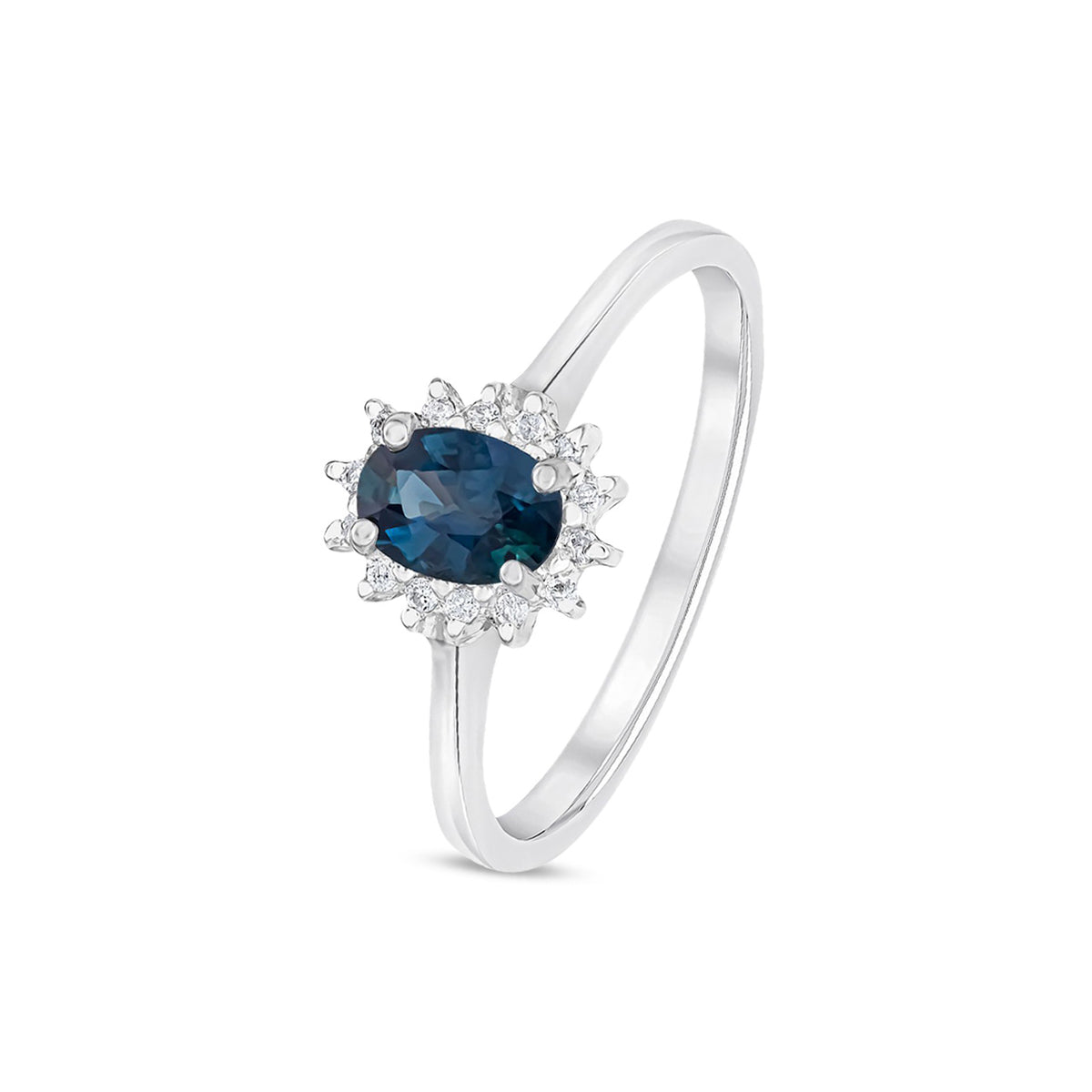 9ct White Gold Oval Natural Blue Sapphire and Diamond Cluster Ring