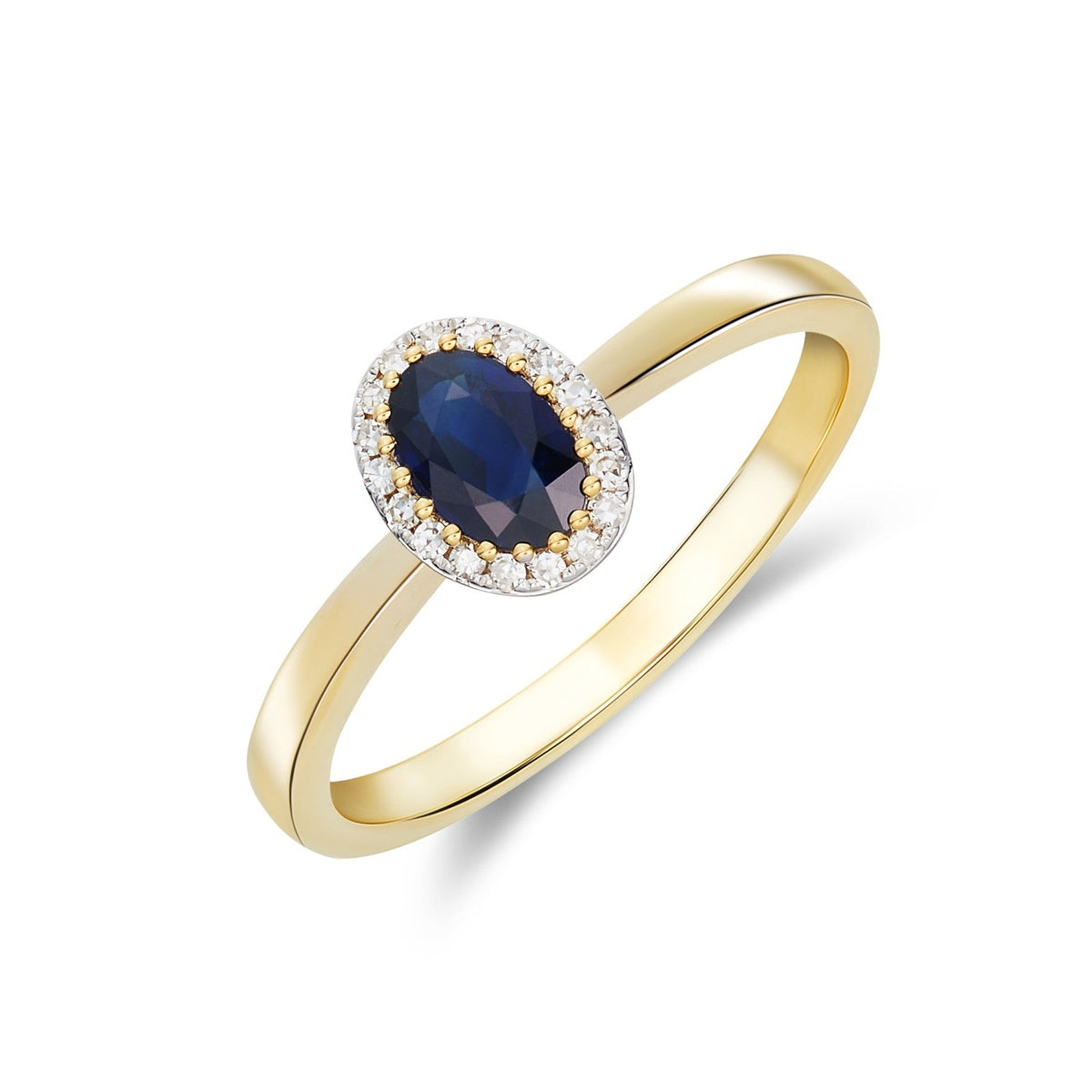 9ct Yellow Gold Oval Natural Blue Sapphire and Diamond Cluster Ring — 6x4mm