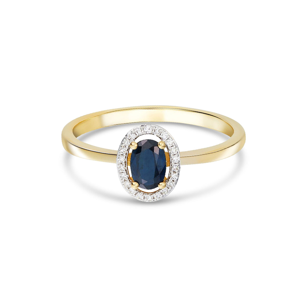 9ct Yellow Gold Oval Natural Blue Sapphire and Diamond Halo Cluster Ring — 6x4mm