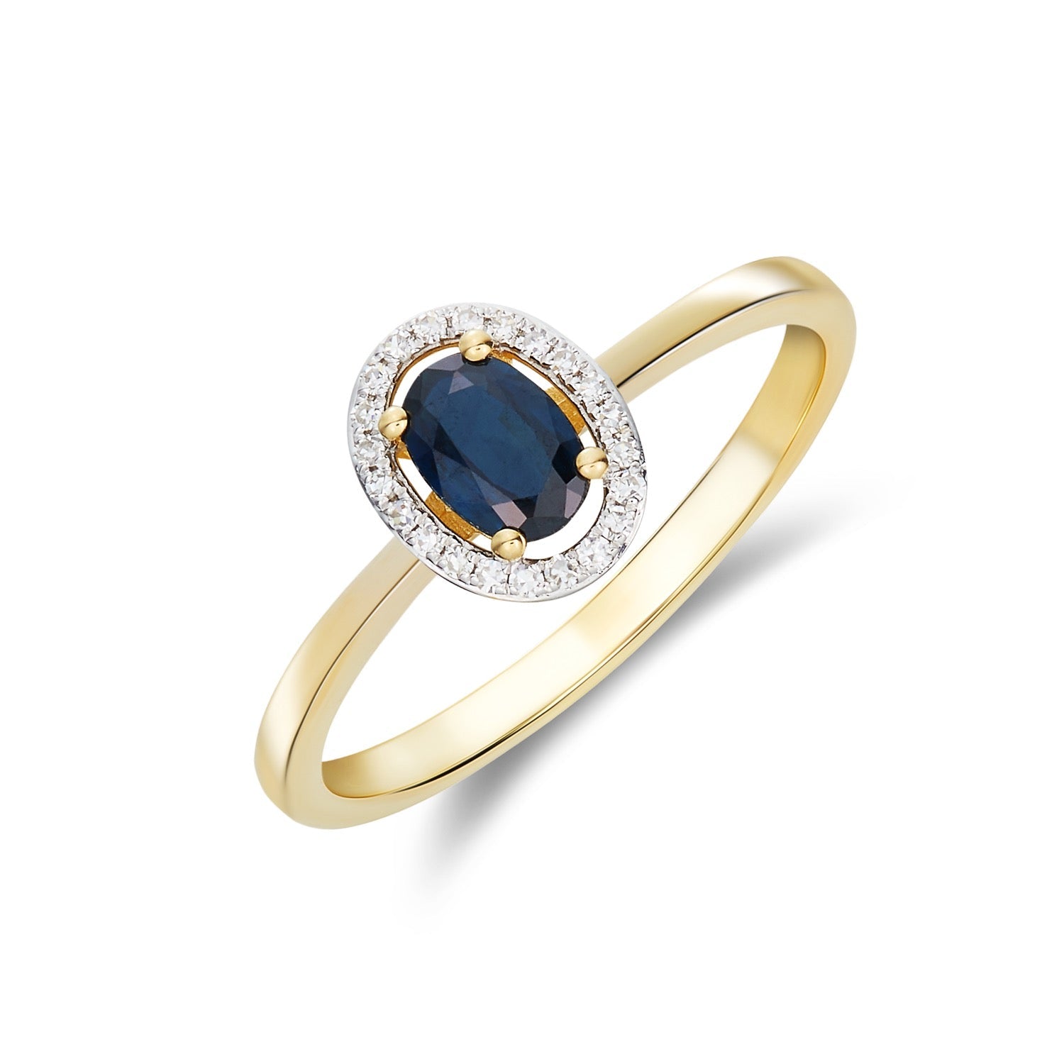 9ct Yellow Gold Oval Natural Blue Sapphire and Diamond Halo Cluster Ring — 6x4mm