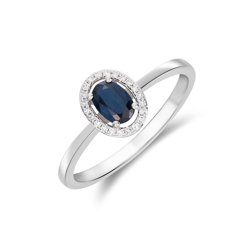 9ct White Gold Oval Natural Blue Sapphire & Natural Diamond Halo Cluster Ring — 6×4mm