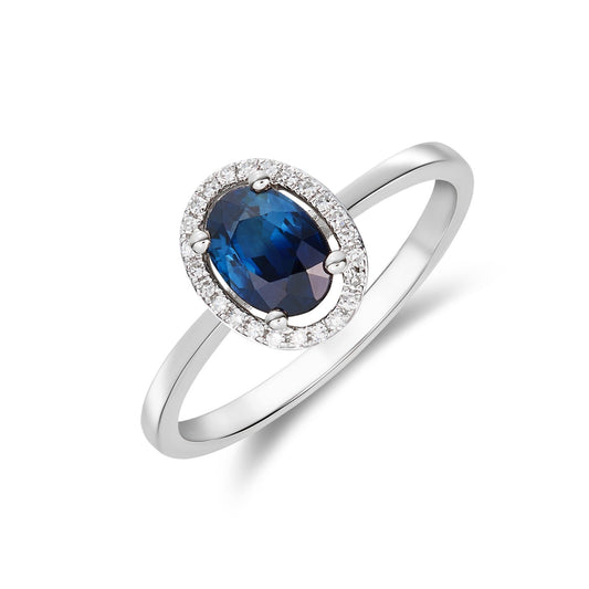 9ct White Gold Oval Natural Blue Sapphire and Diamond Halo Cluster Ring — 7x5mm