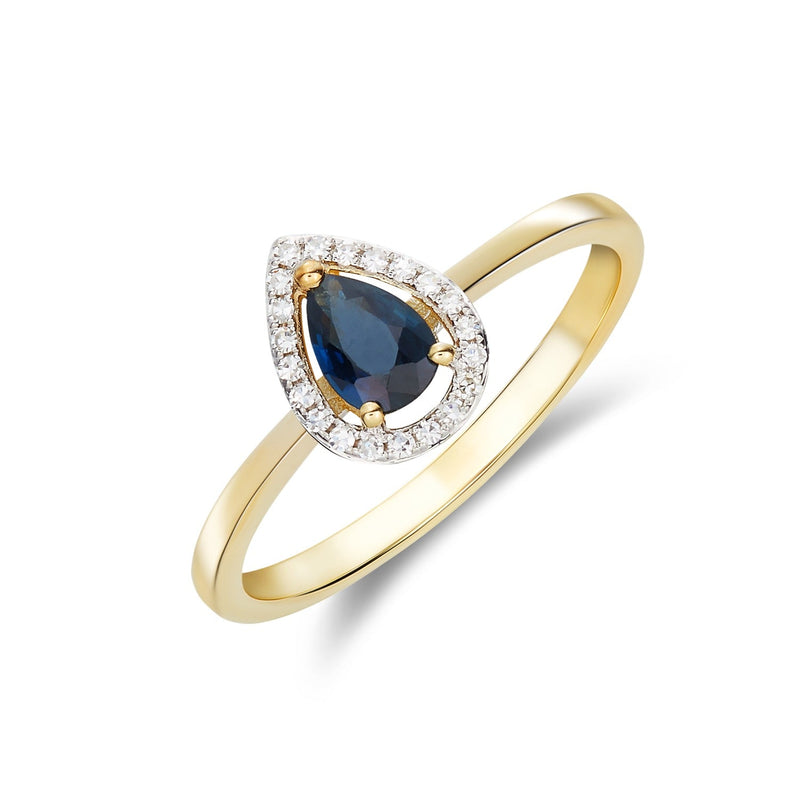 9ct Yellow Gold Pear Shaped Natural Blue Sapphire & Natural Diamond Halo Cluster Ring — 6×4mm