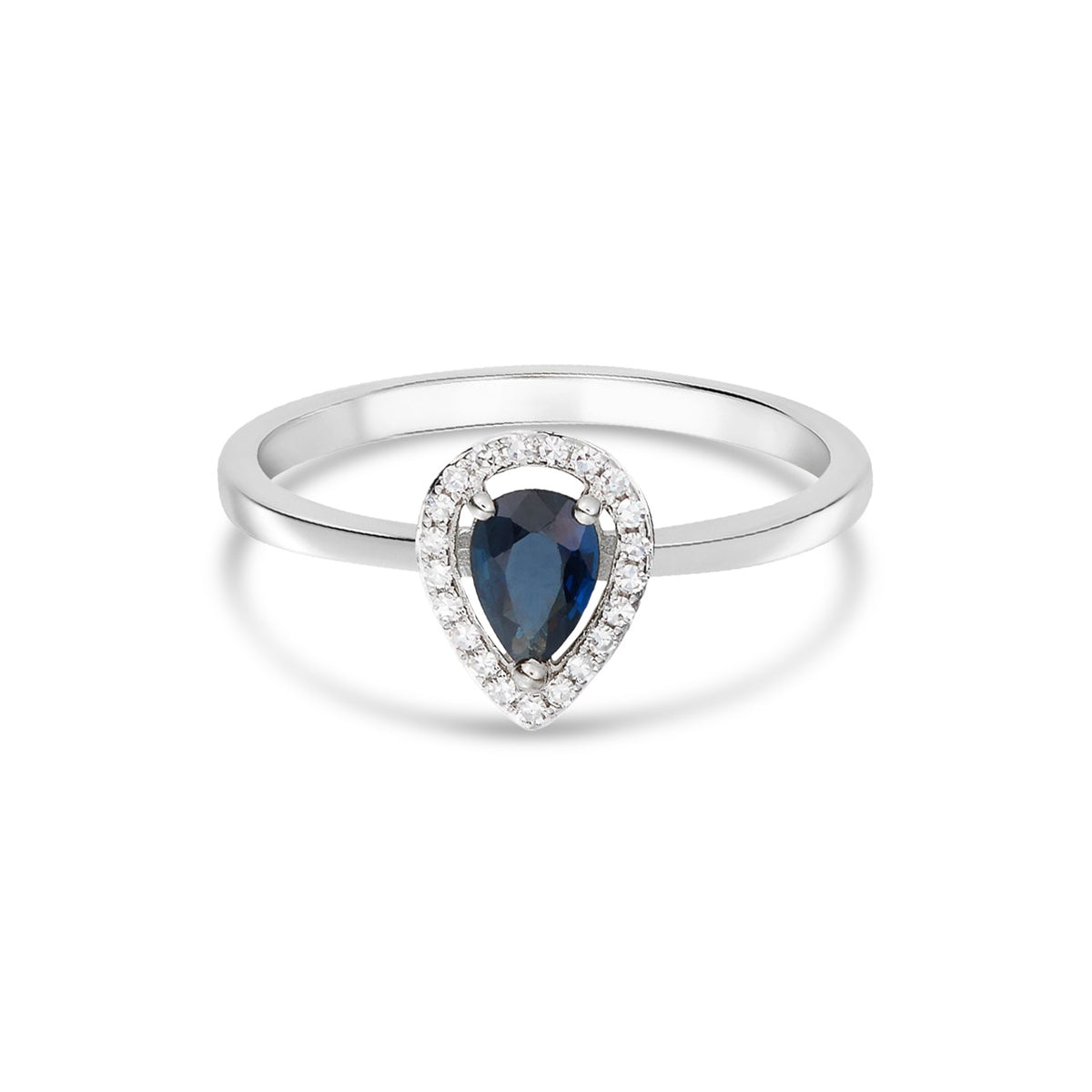 9ct White Gold Pear Shaped Natural Blue Sapphire and Diamond Halo Cluster Ring — 6x4mm