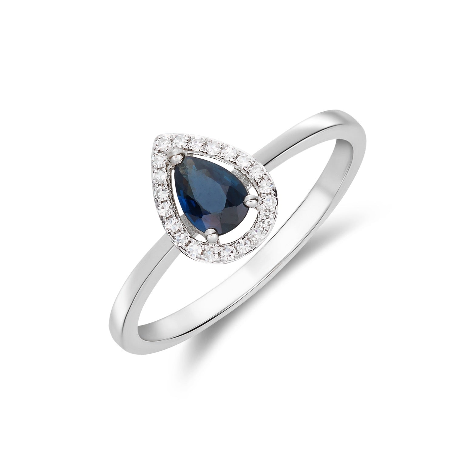 9ct White Gold Pear Shaped Natural Blue Sapphire and Diamond Halo Cluster Ring — 6x4mm