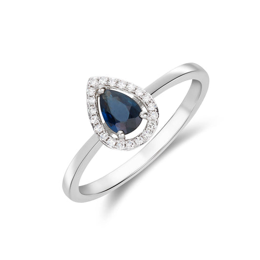 9ct White Gold Pear Shaped Natural Blue Sapphire and Diamond Halo Cluster Ring — 6x4mm