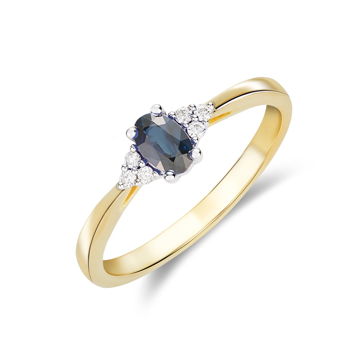 9CT Yellow Gold Oval Sapphire and Diamond Trefoil Ring — 6x4mm